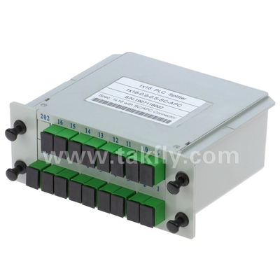 উচ্চ নির্ভরযোগ্যতা এবং স্থিতিশীলতা FTTX Gpon 1 * 16 সিঙ্গল মোড G657A1 ফাইবার ক্যাসেট টাইপ LGX পিএলসি স্প্লিটার Sc / APC সংযোগকারী সহ