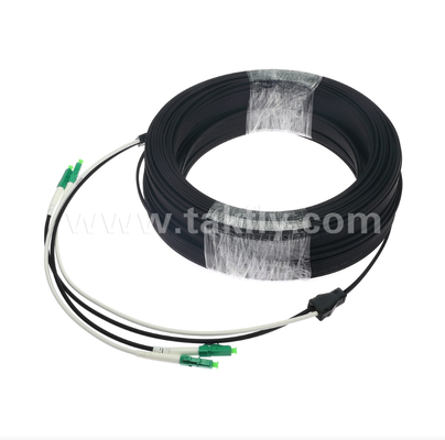 LC/APC ফ্ল্যাট ড্রপ প্যাচ কর্ড - 2 কোর ডুপ্লেক্স, প্রি-কানেক্টরাইজড, অ্যান্টি-ভাইব্রেশন, ফাস্ট FTTH ডিপ্লয়মেন্টের জন্য ইনডোর-রেটেড।